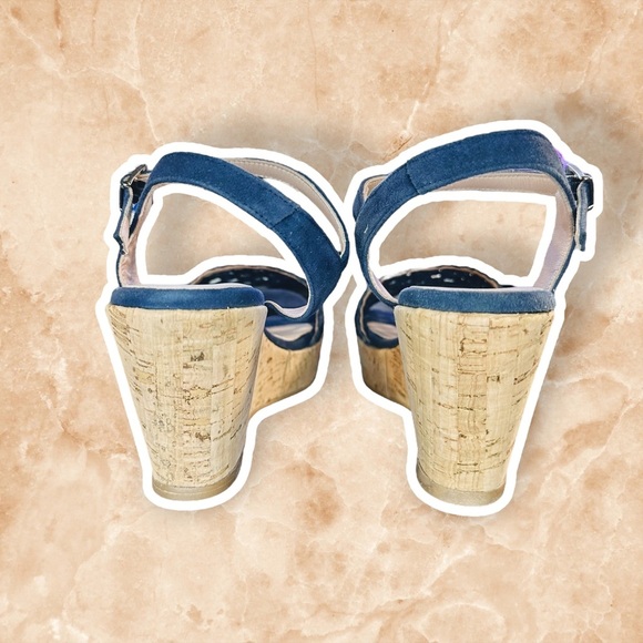 NWT Brenda Zaro Navy Blue Woven Leather ‘Nadia’ Cork Wedge Sandals Size 41 - Picture 7 of 12